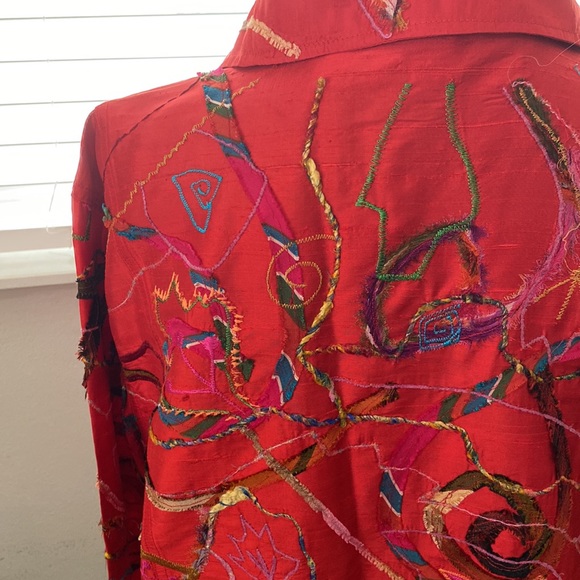 Chico’s red silk embroidery magnificent color’s beautiful shirt button down - Picture 3 of 8
